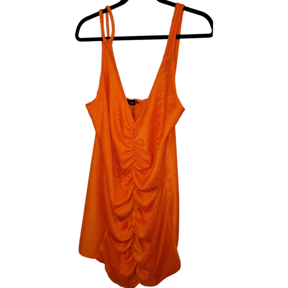 Prettylittlething Orange ruched mini dress size USA 16